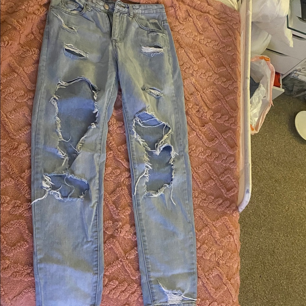 SHEIN Light Blue Distressed Boyfriend Jeans